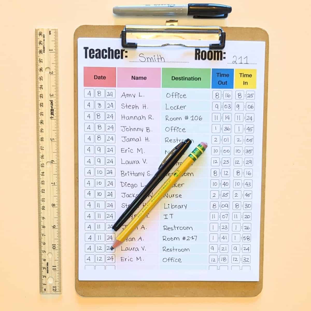 Flatlay image of an example student sign-out sheet filled out on a clipboard.