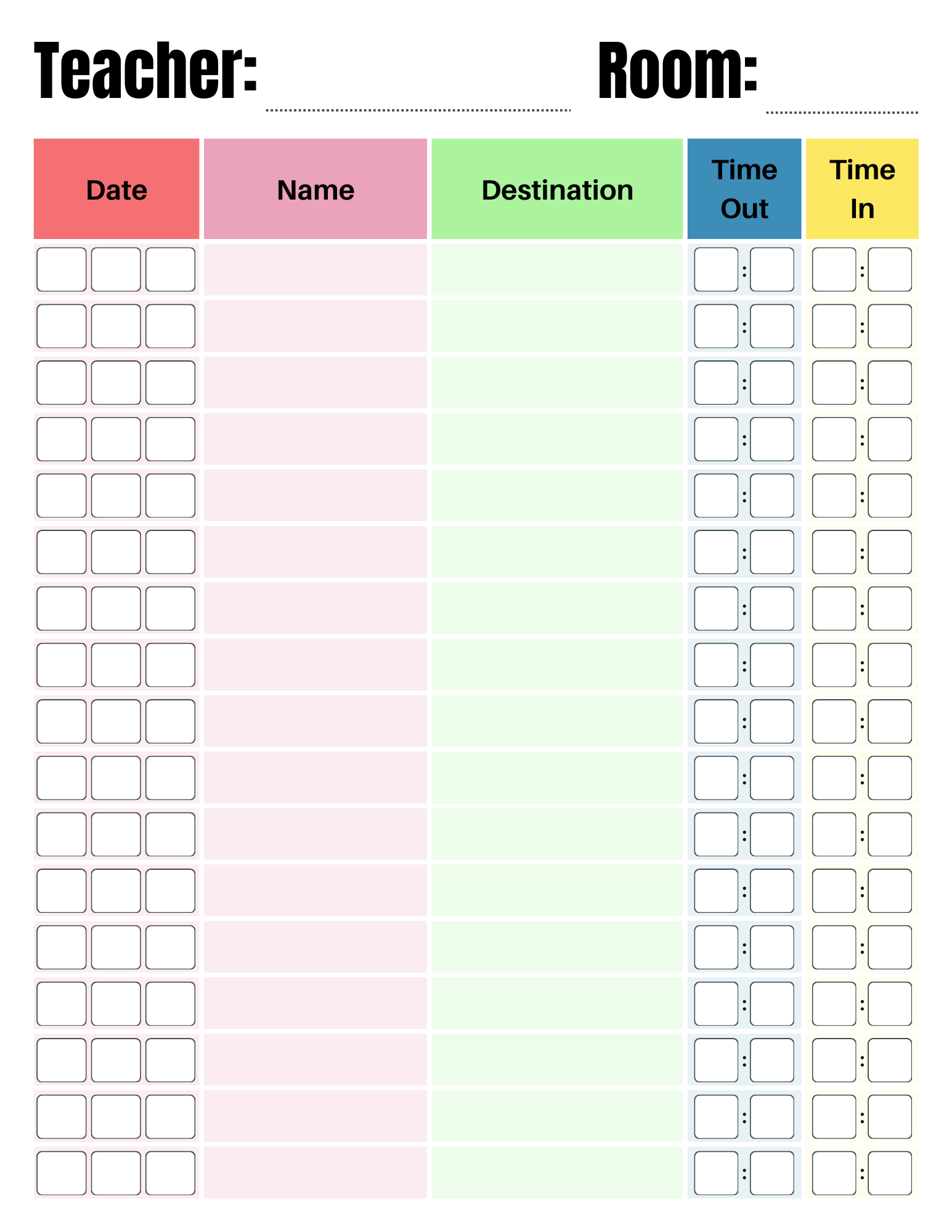 Colorful free classroom sign out sheet for teachers. 