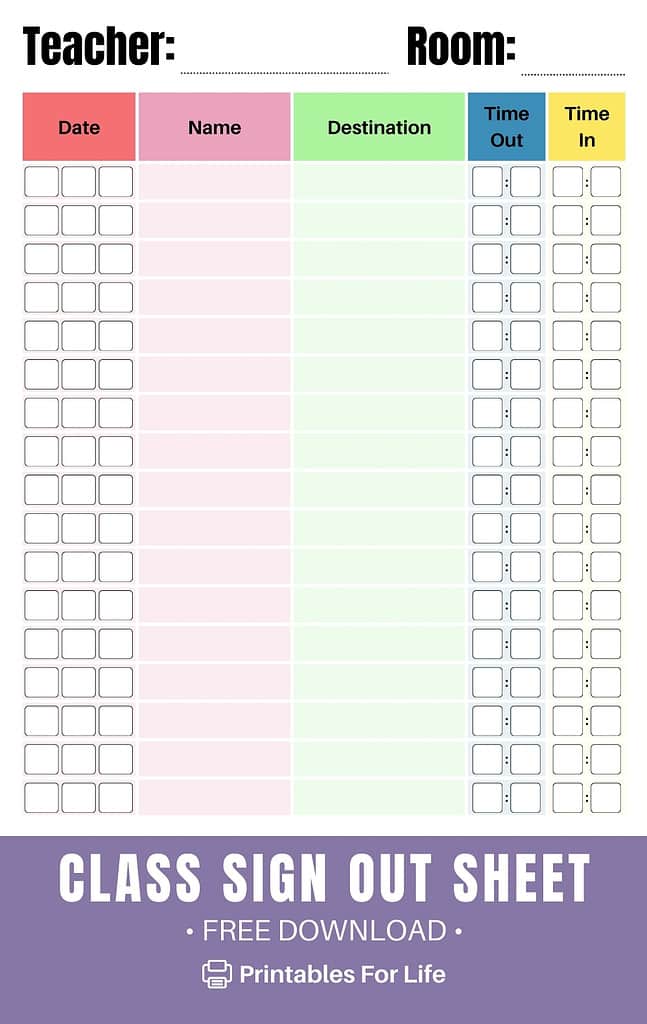 Student sign out sheet preview.