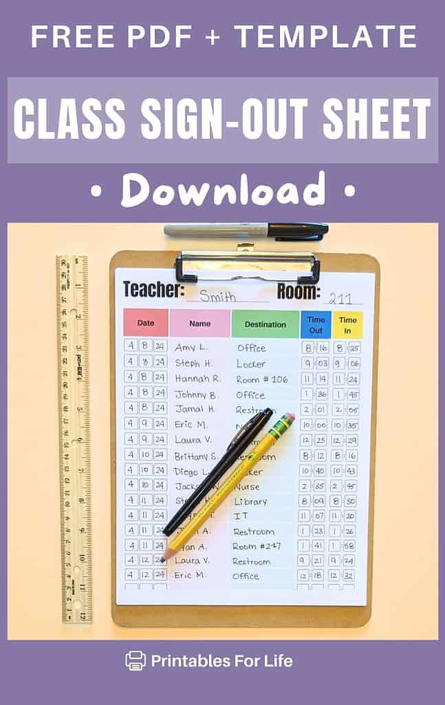 Student sign out sheet printed on clipboard and filled out as an example.