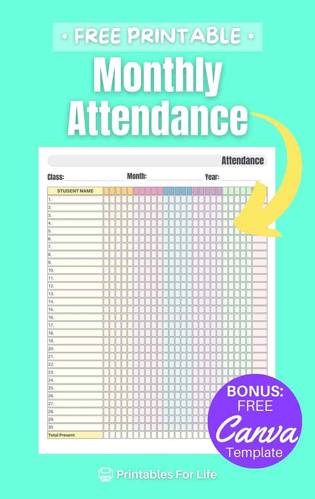 Free printable monthly attendance sheet preview with bonus free Canva template.