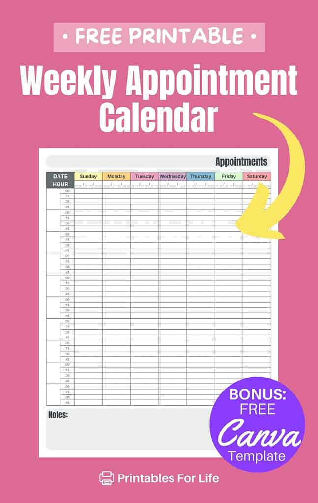 Weekly appointment calendar preview with bonus free Canva template.