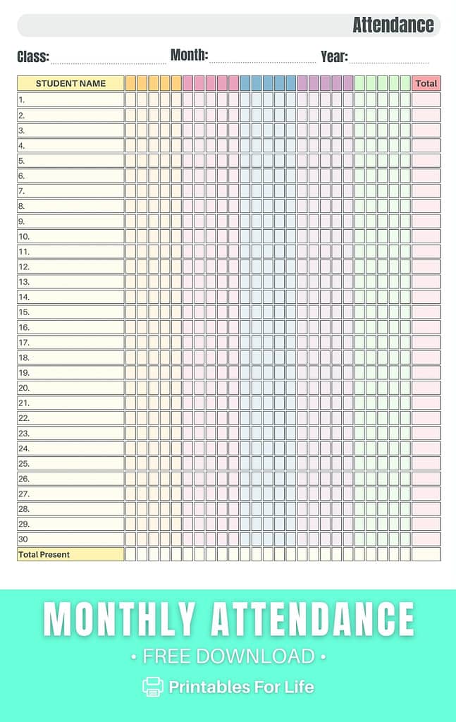 Preview of monthly attendance sheet.
