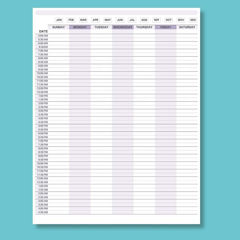 24-Hour Weekly Planner FREE Printable