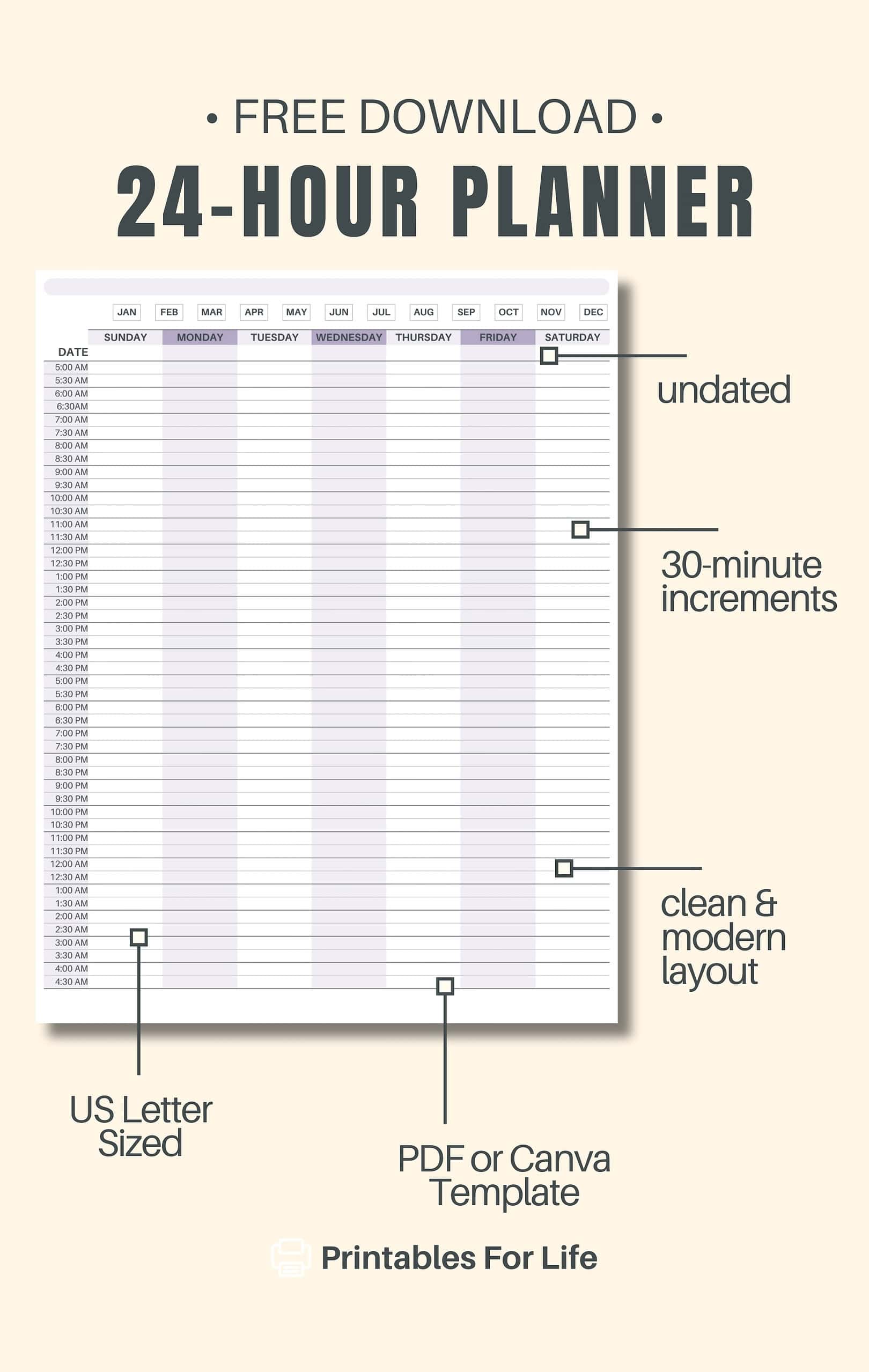 24 Hour Weekly Planner FREE Printable