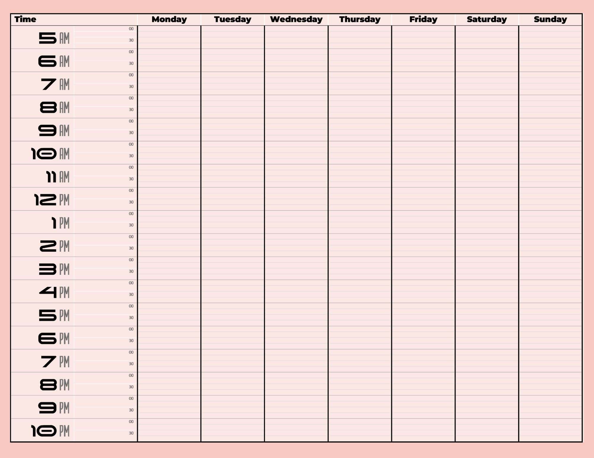 Weekly time blocking planner in color. Monday start.