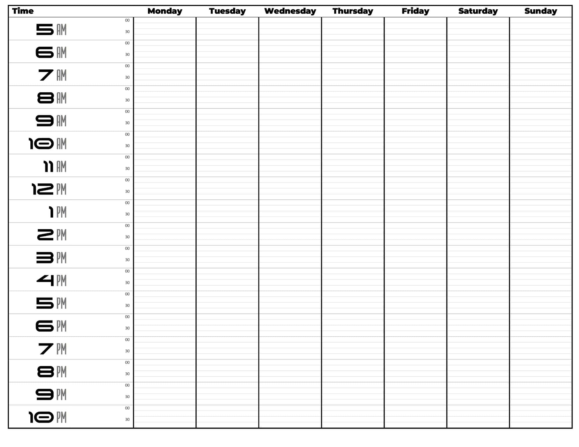 Weekly time blocking planner Monday start. Black and white.