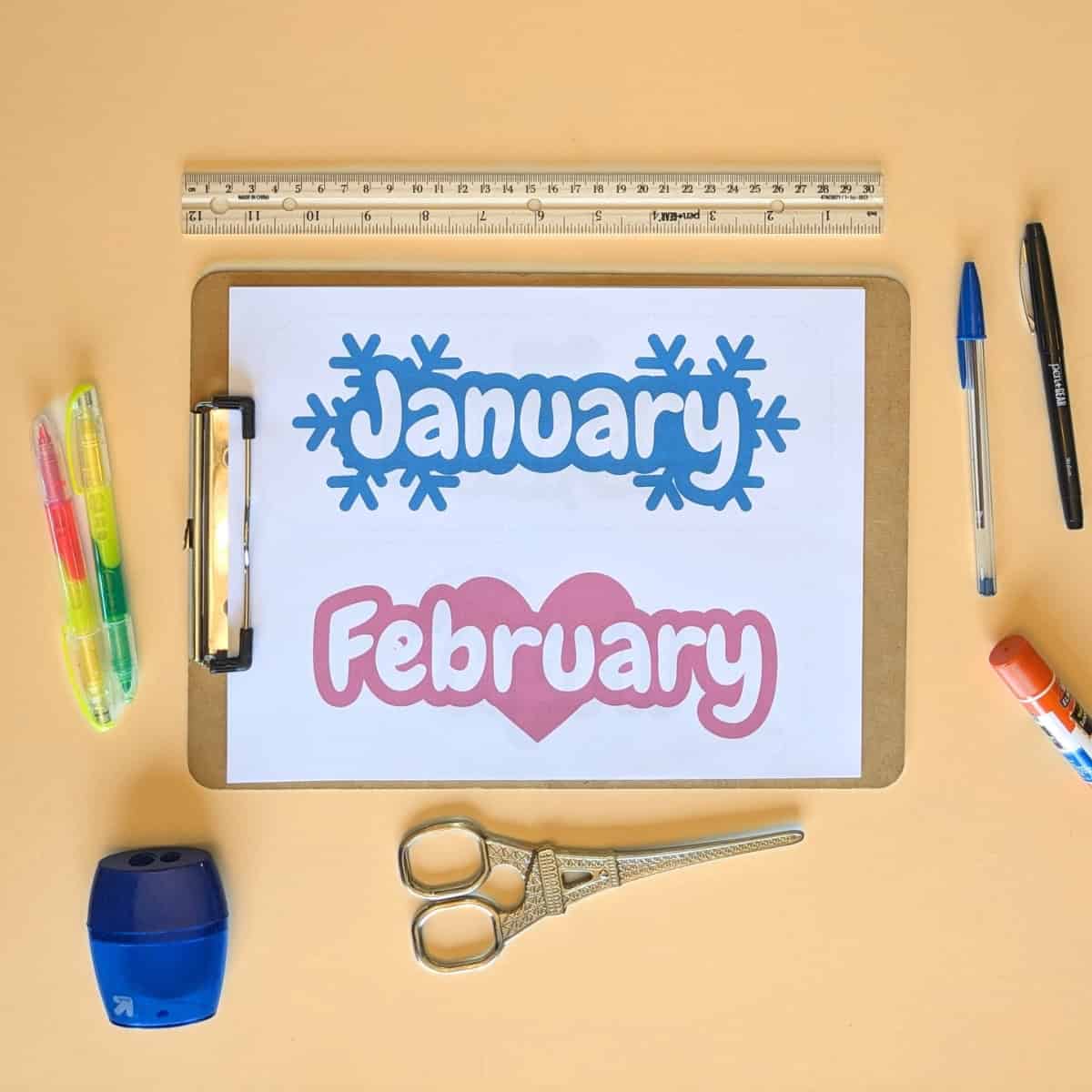 Flaylay image printable calendar months on a clipbard with scissors.