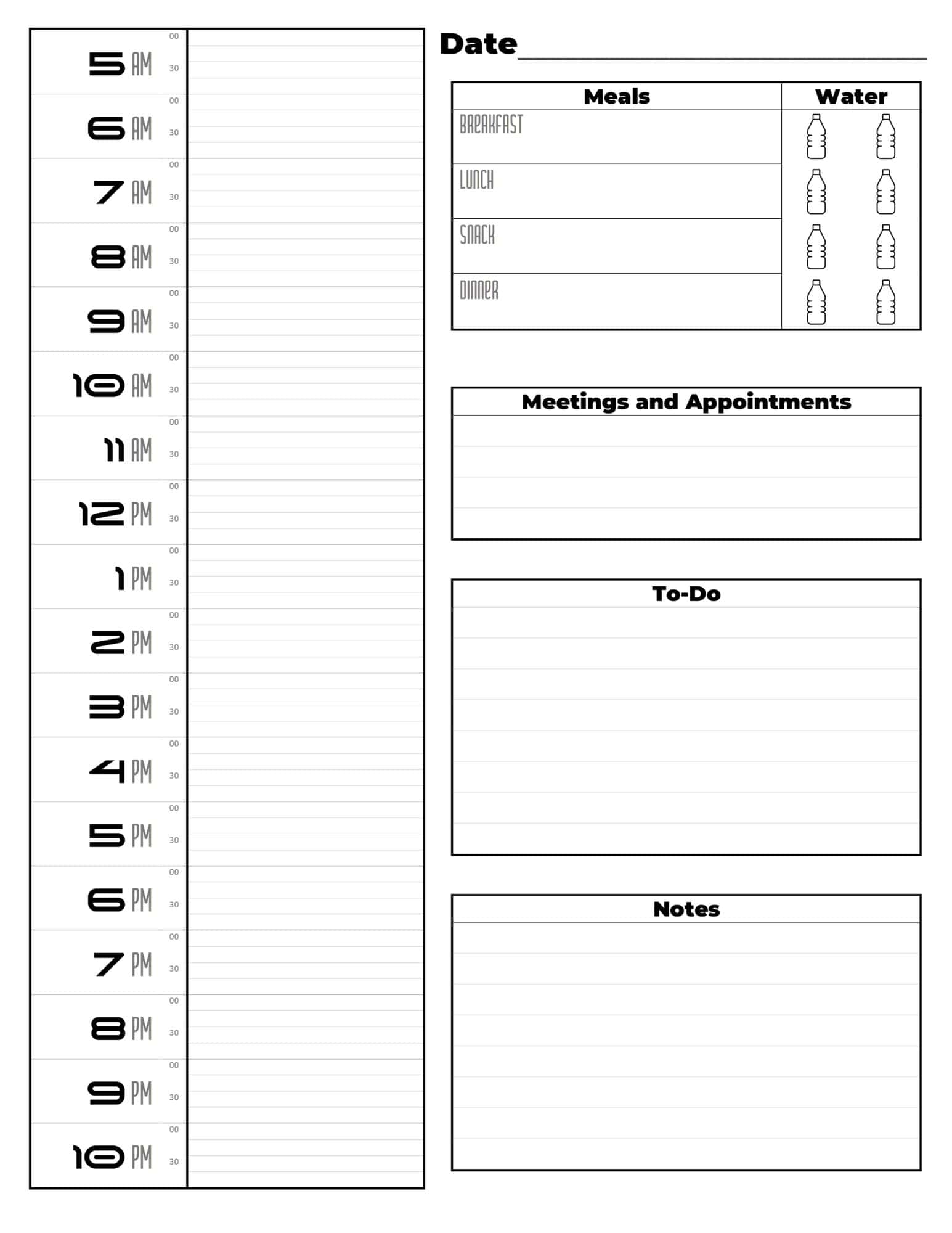 Daily time blocking template in black and white. 