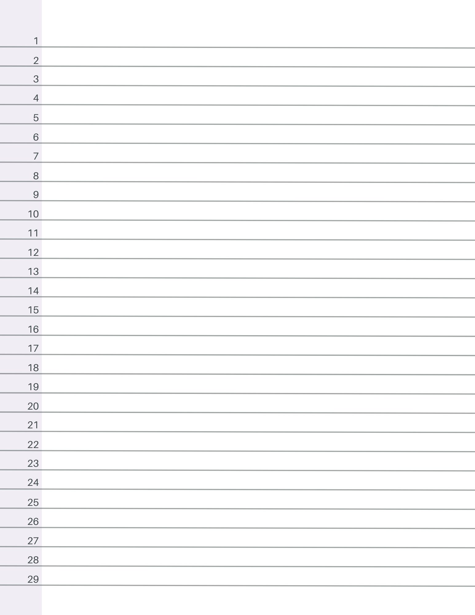 Wide ruled numbered lined paper with lines 1-29 for taking notes, testing, exams, and more. 