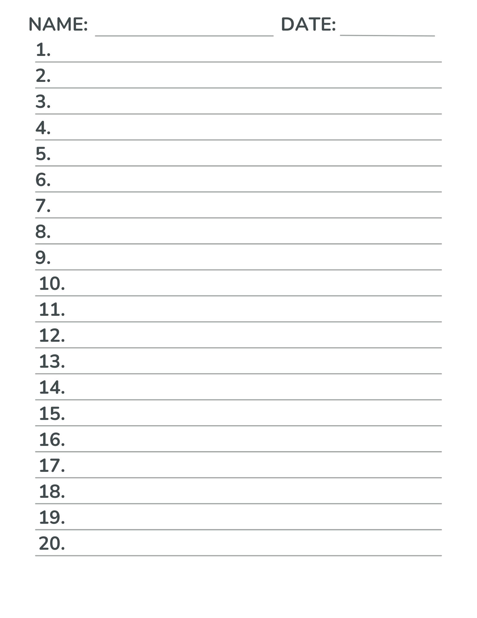 1-20 numbered lined paper for tests, quizzes, answer sheets, and assignments. 