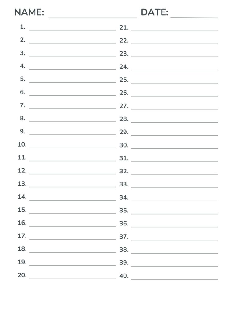 Run Number Paper Free Numbered Lined Paper PDF (1-20, 1-25, 1-50, 1-100)