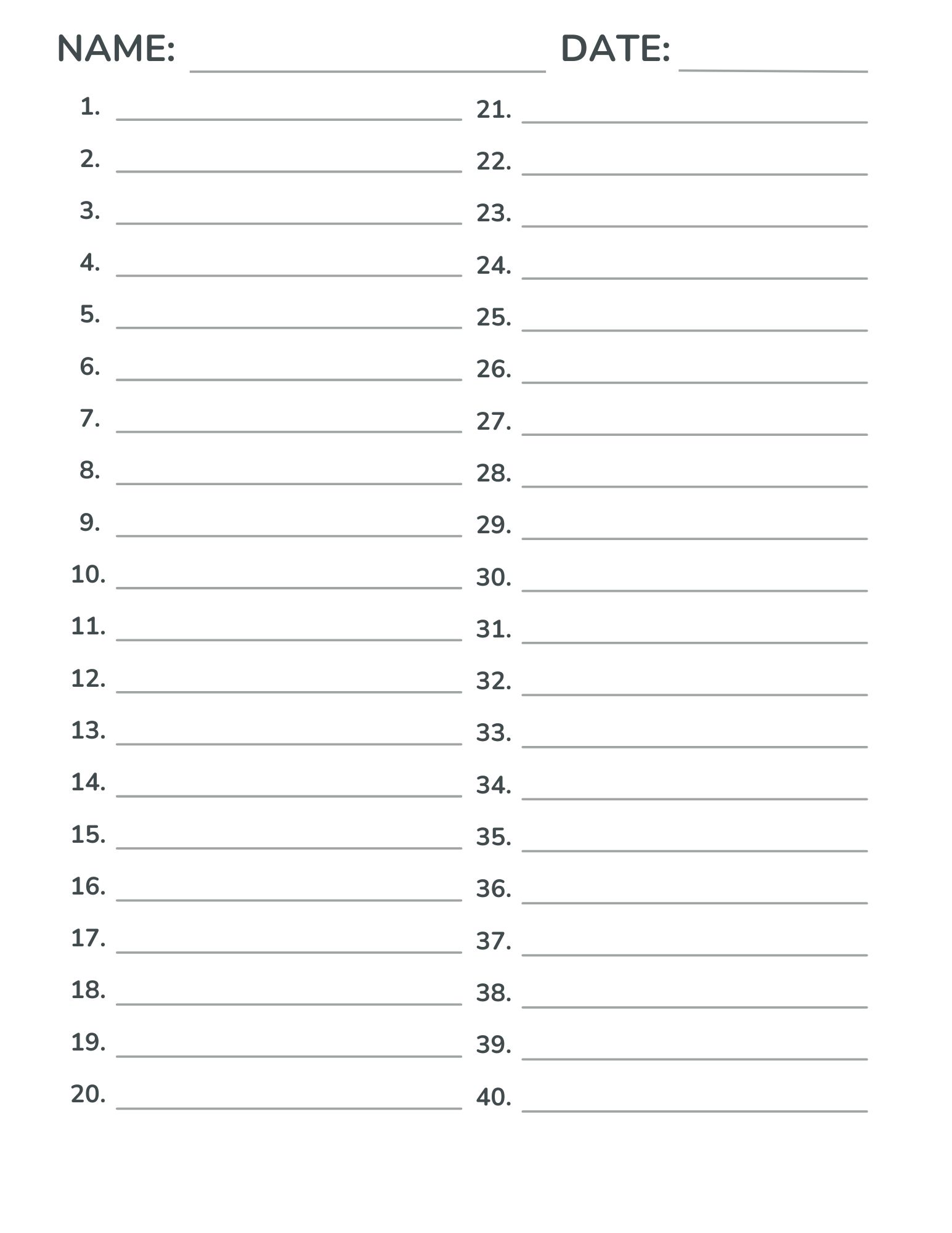 1-40 numbered lined paper for tests, quizzes, answer sheets, and assignments. 