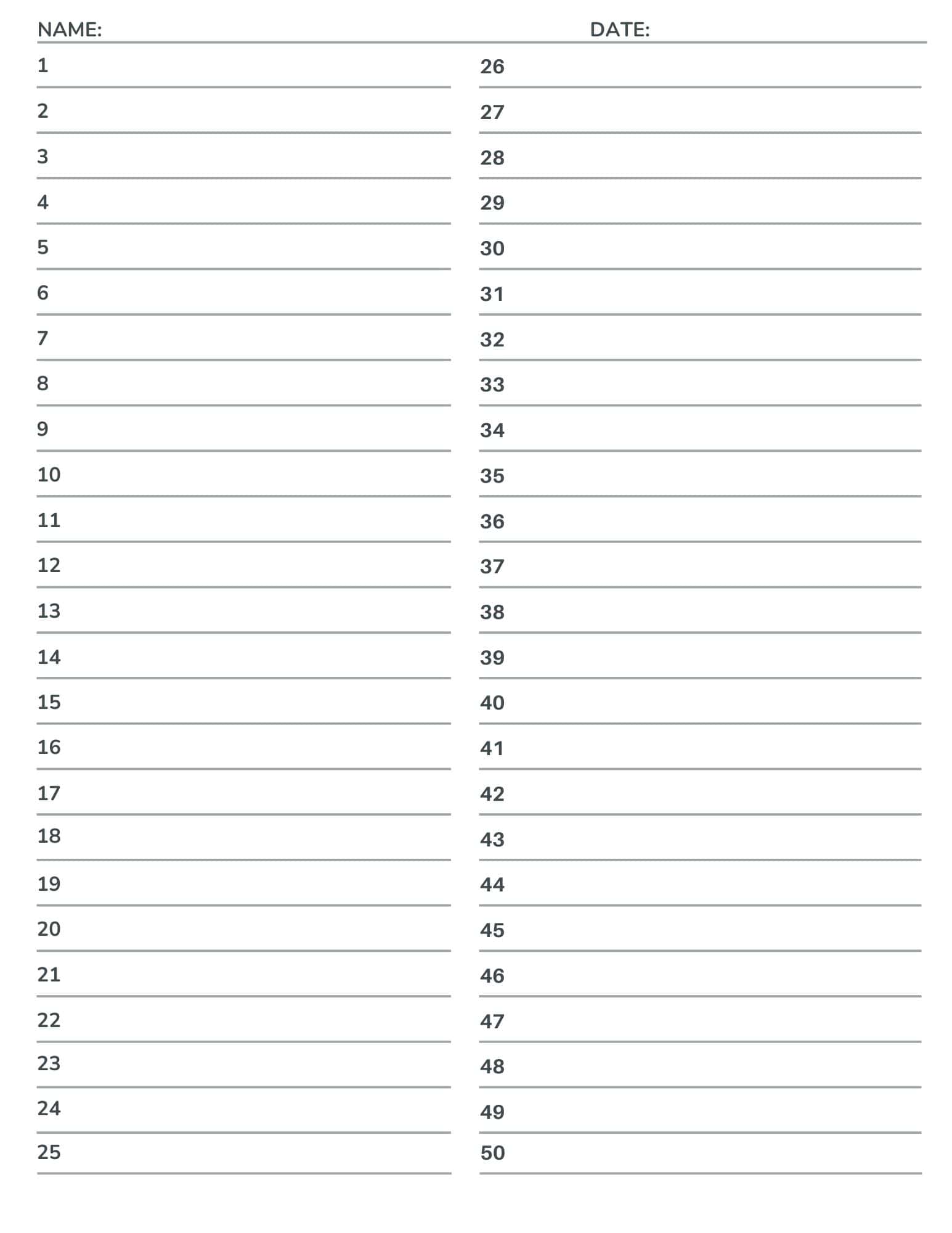 1-50 numbered lined paper for tests, quizzes, answer sheets, and assignments. 