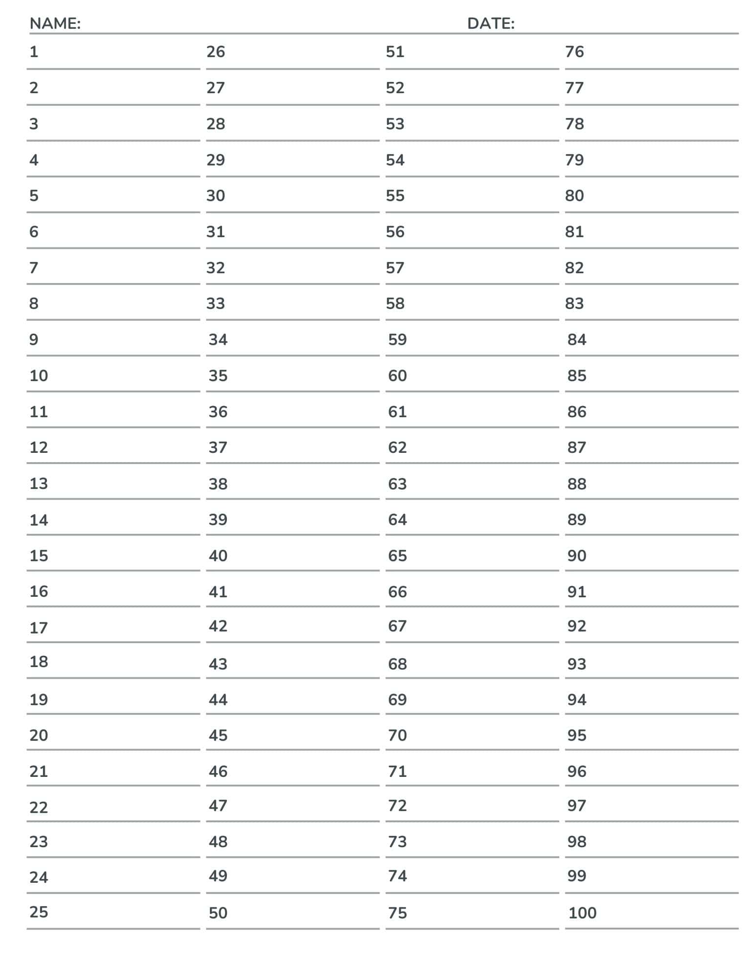 1-100 numbered lined paper for tests, quizzes, answer sheets, and assignments. 