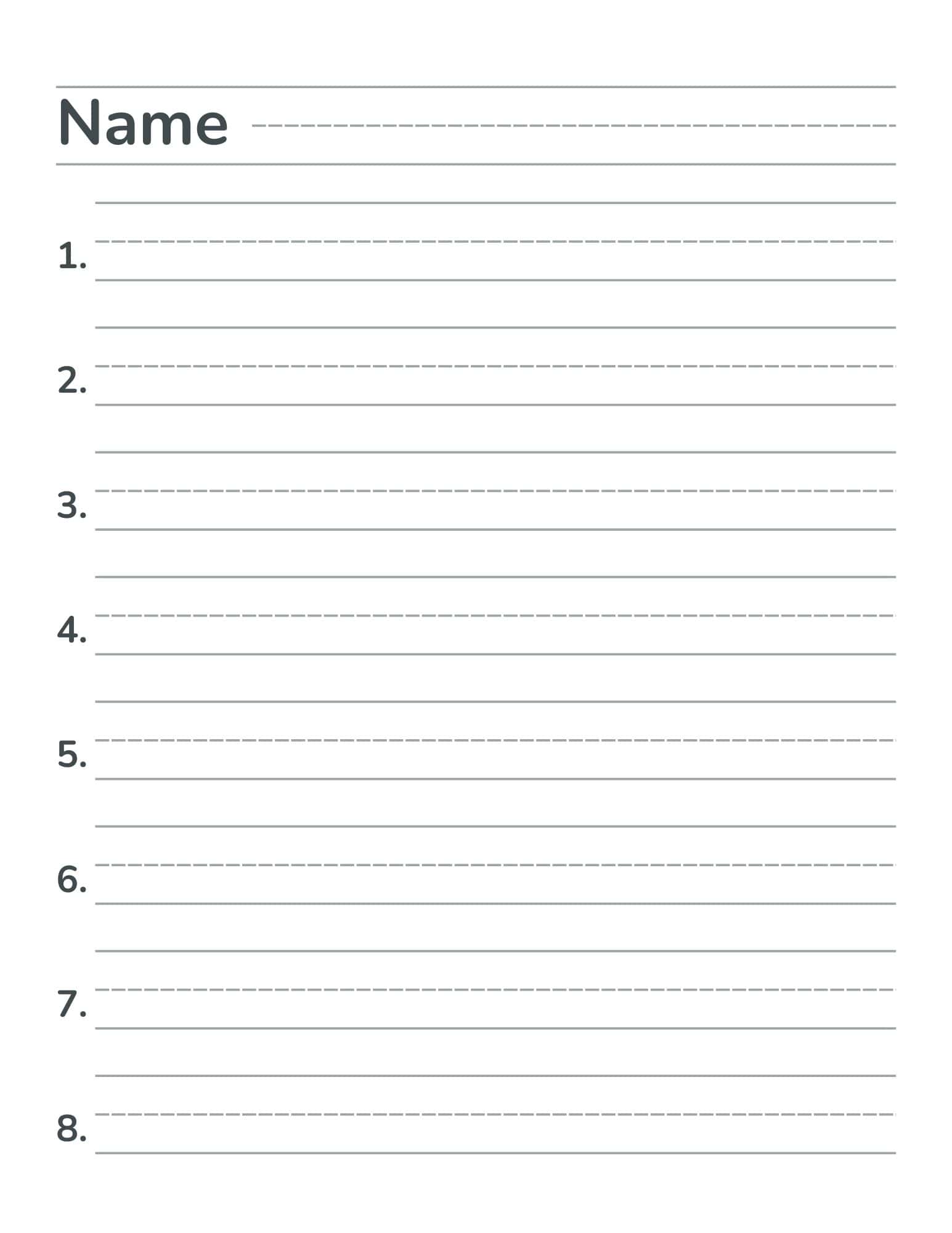 Numbered lined handwriting paper for writing sentences and high frequency words. 