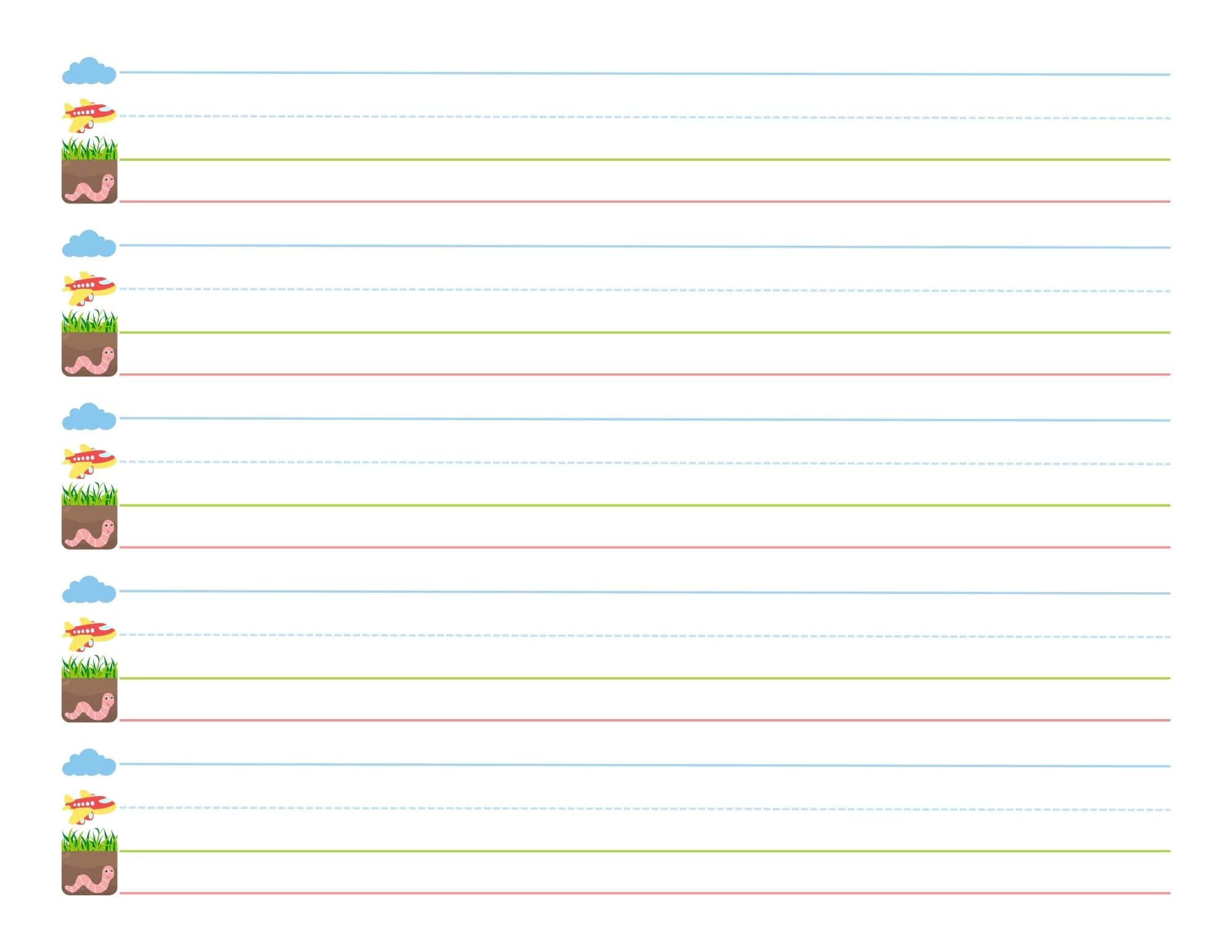 sky-plane-grass-worm-paper-landscape Sky plane grass worm handwriting paper in landscape orientation with 5 writing rows, each showing a cloud, plane, grass, and worm icon on the left with four color-coded lines.