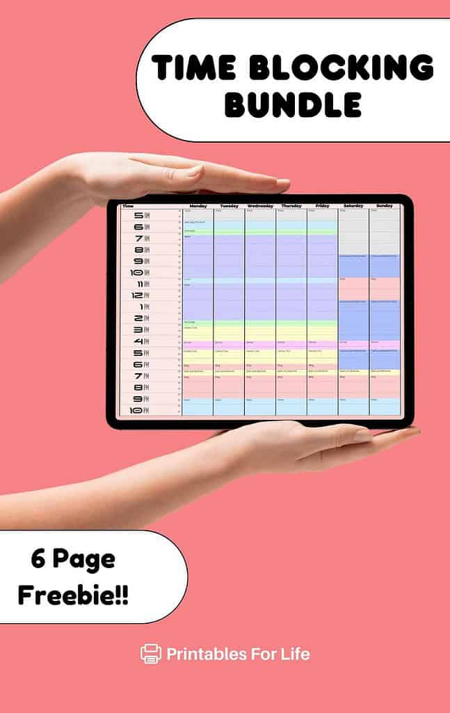 Woman holding a tablet with the time blocking planner. Time blocking bundle. 6 page freebie!