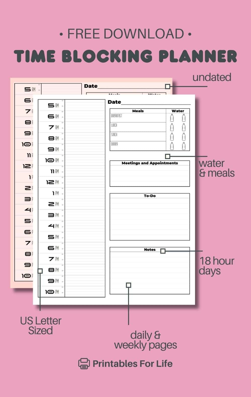 Daily time blocking planner features. 