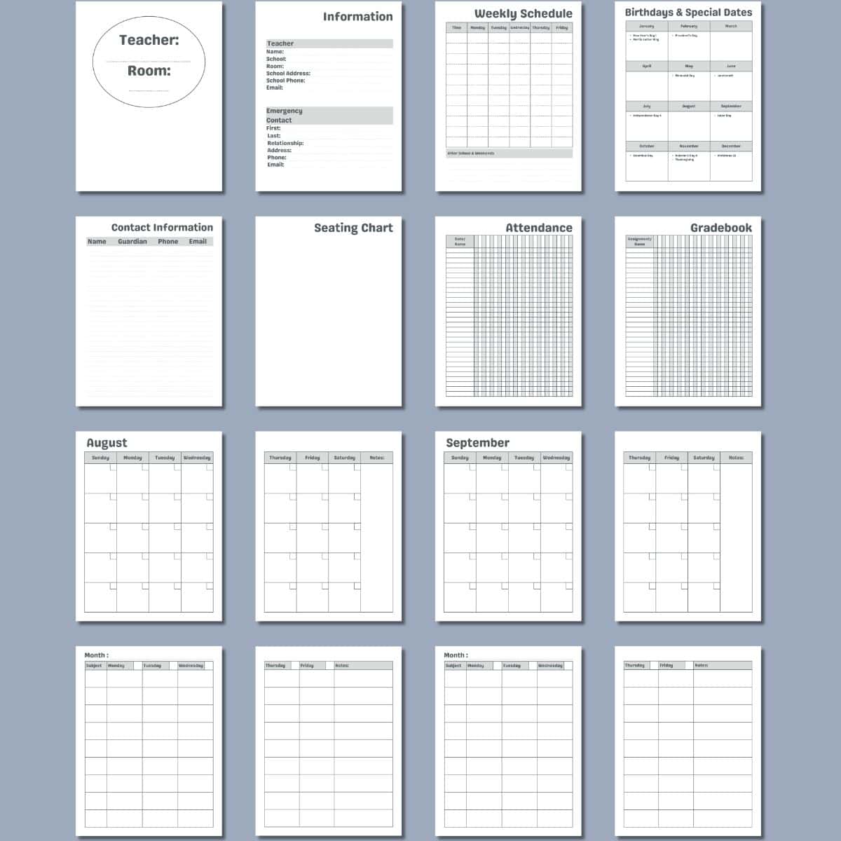 9 Prep Teacher Planner Collage preview of all of the pages in the free printable teacher planner.