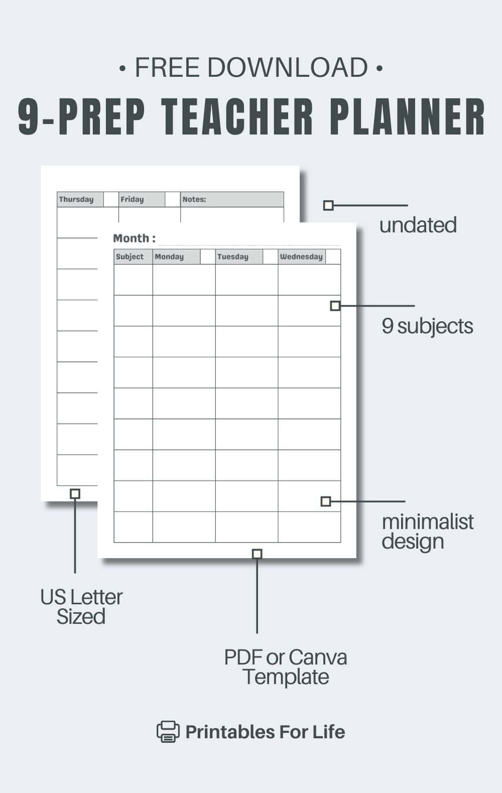 9 prep teacher planner Infographic style Pinterest Pin with arrows pointing to the features of the 9 prep teacher planner download.