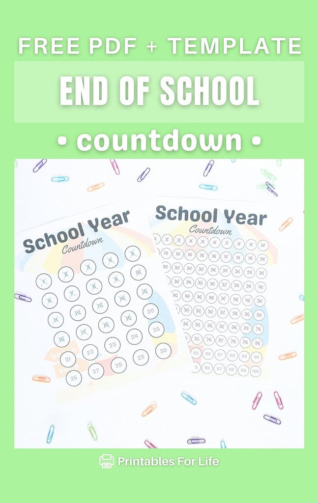 Pinterest pin with filled out examples of the 30 day and 180 day school year countdowns.