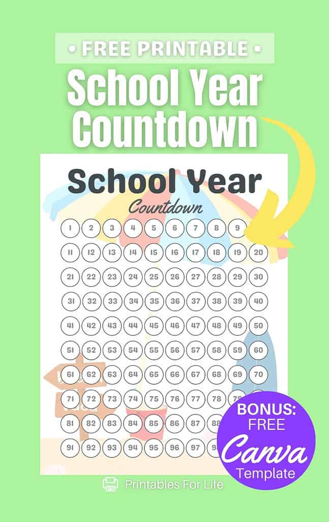 School year countdown calendar Pinterest pin with bonus Canva template.