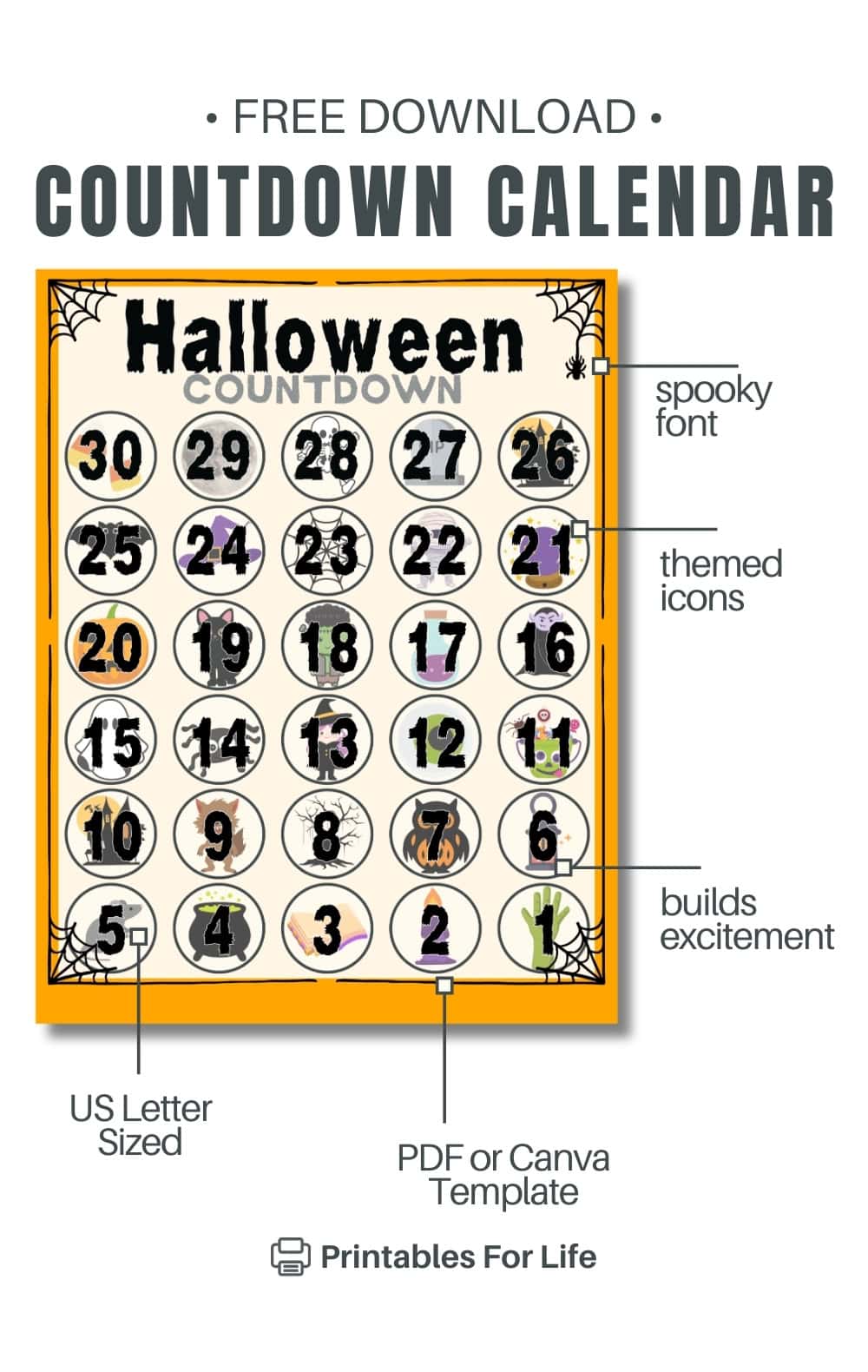 Halloween countdown calendar infographic with features of the printable. 