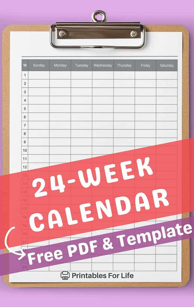 A 24-week calendar printable displayed on a clipboard with a red text overlay: "24-Week Calendar – Free PDF & Template.