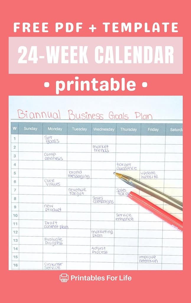 A handwritten example of a filled-out 24-week calendar titled "Biannual Business Goals Plan," with text such as "Set Goals," "Market Trends," and "Revenue Target" written in various squares.