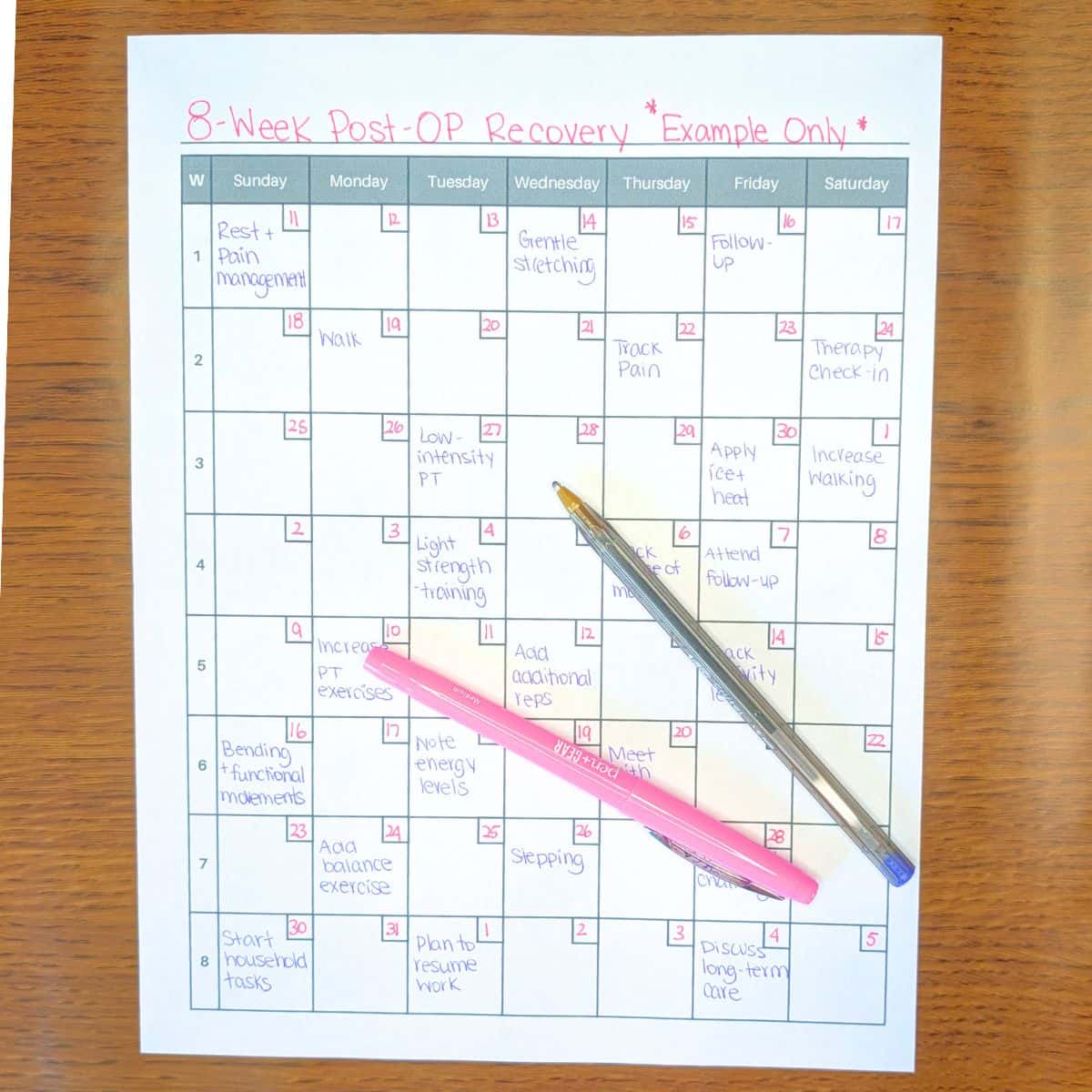 8-week calendar on a desk with pens