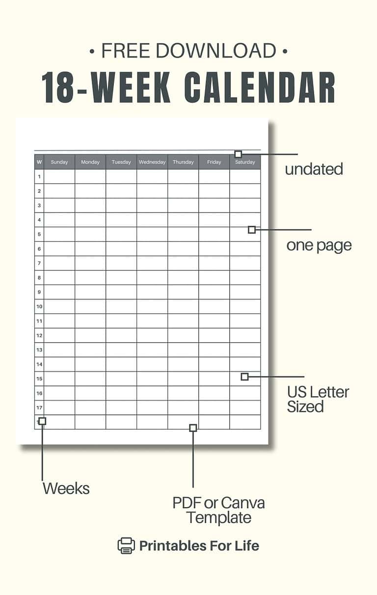 18 Week Calendar Free Printable PDF