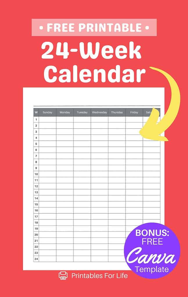 A 24-week printable calendar with a bold red overlay that says "Free Printable – 24-Week Calendar," with an arrow pointing to the calendar template and a note about a free Canva template.