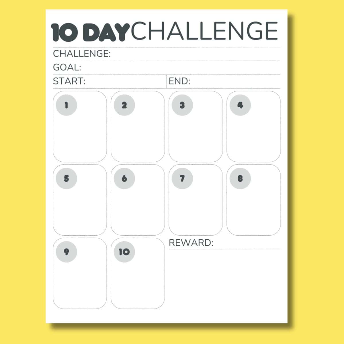 Free blank 10 day challenge calendar print preview.