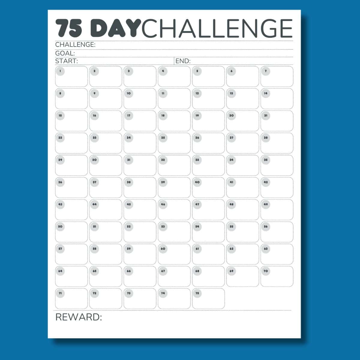 Free blank 75 day challenge calendar print preview.