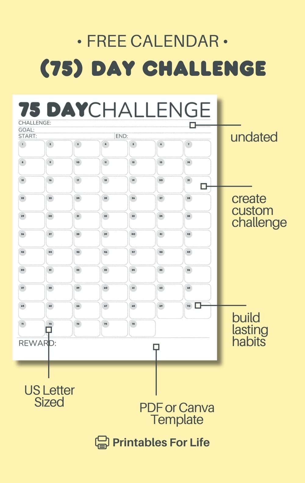 75 day challenge calendar infographic for 75 hard and 75 soft challenges. 