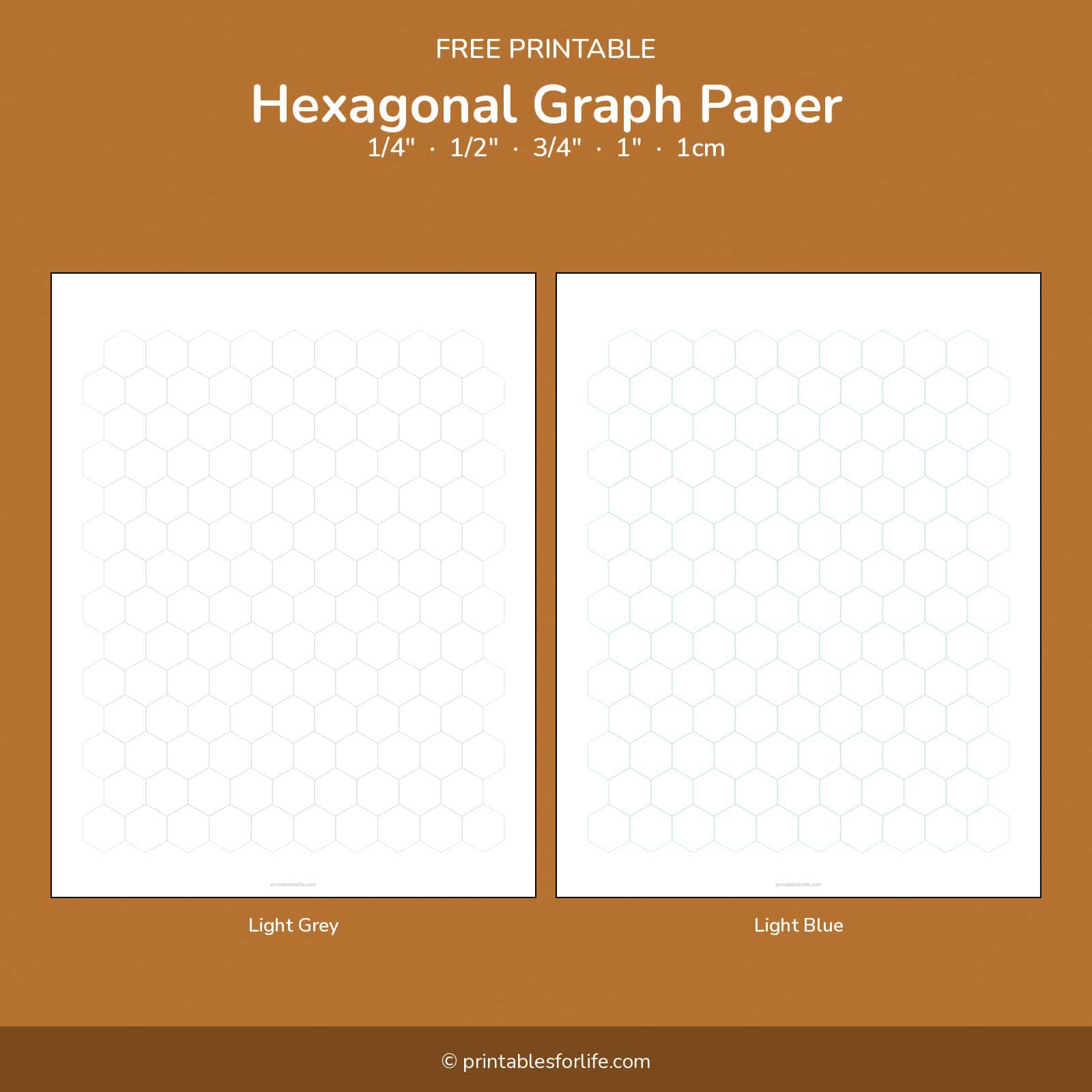 Free printable hexagonal graph paper in five sizes, shown in light grey and light blue