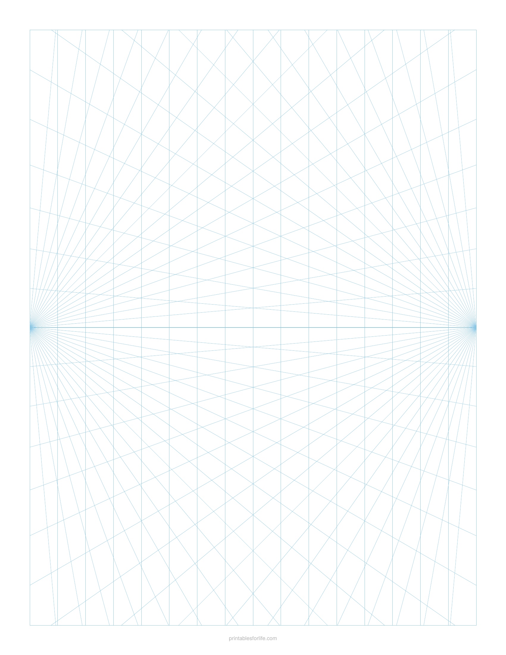 Printable two point perspective drawing grid page in light blue