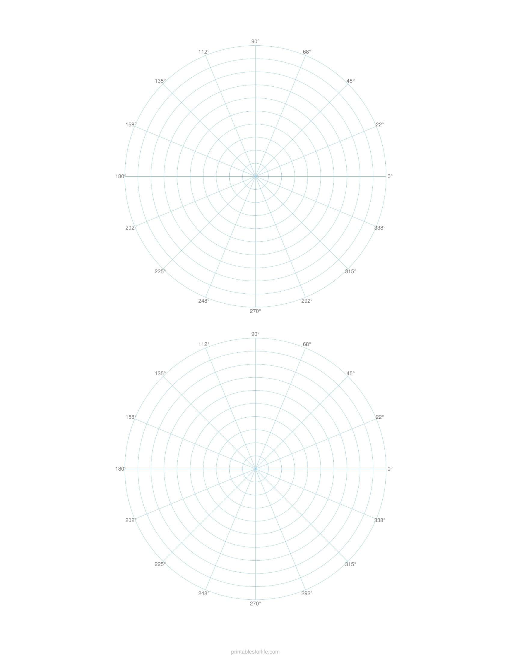 Printable polar graph paper, 2 per sheet, with degree labels, in light blue