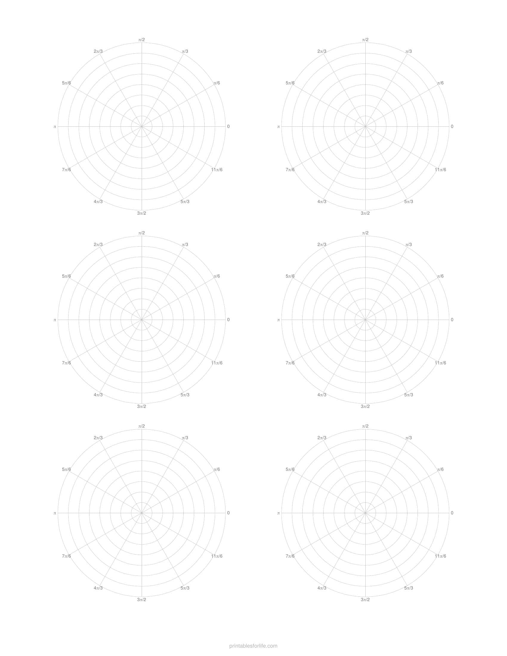 Printable polar graph paper, 6 per sheet, with radian labels, in light grey