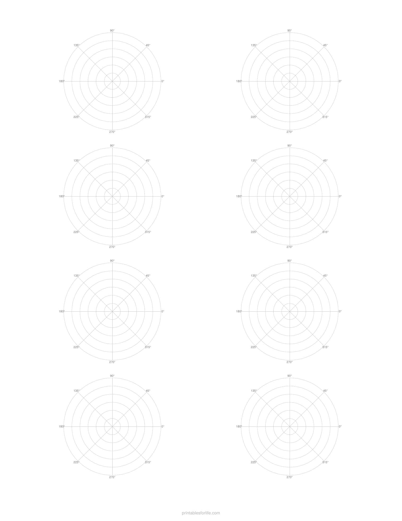 Printable polar graph paper, 8 per sheet, with degree labels, in light grey