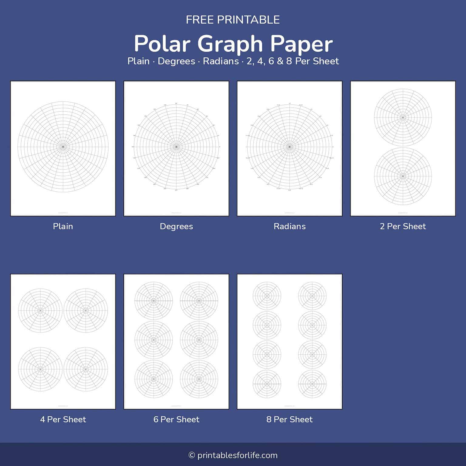 Per One Graph Style Polar Graph Paper — Free PDF (Plain, Degrees & Radians, 1 to 8 Per Sheet)