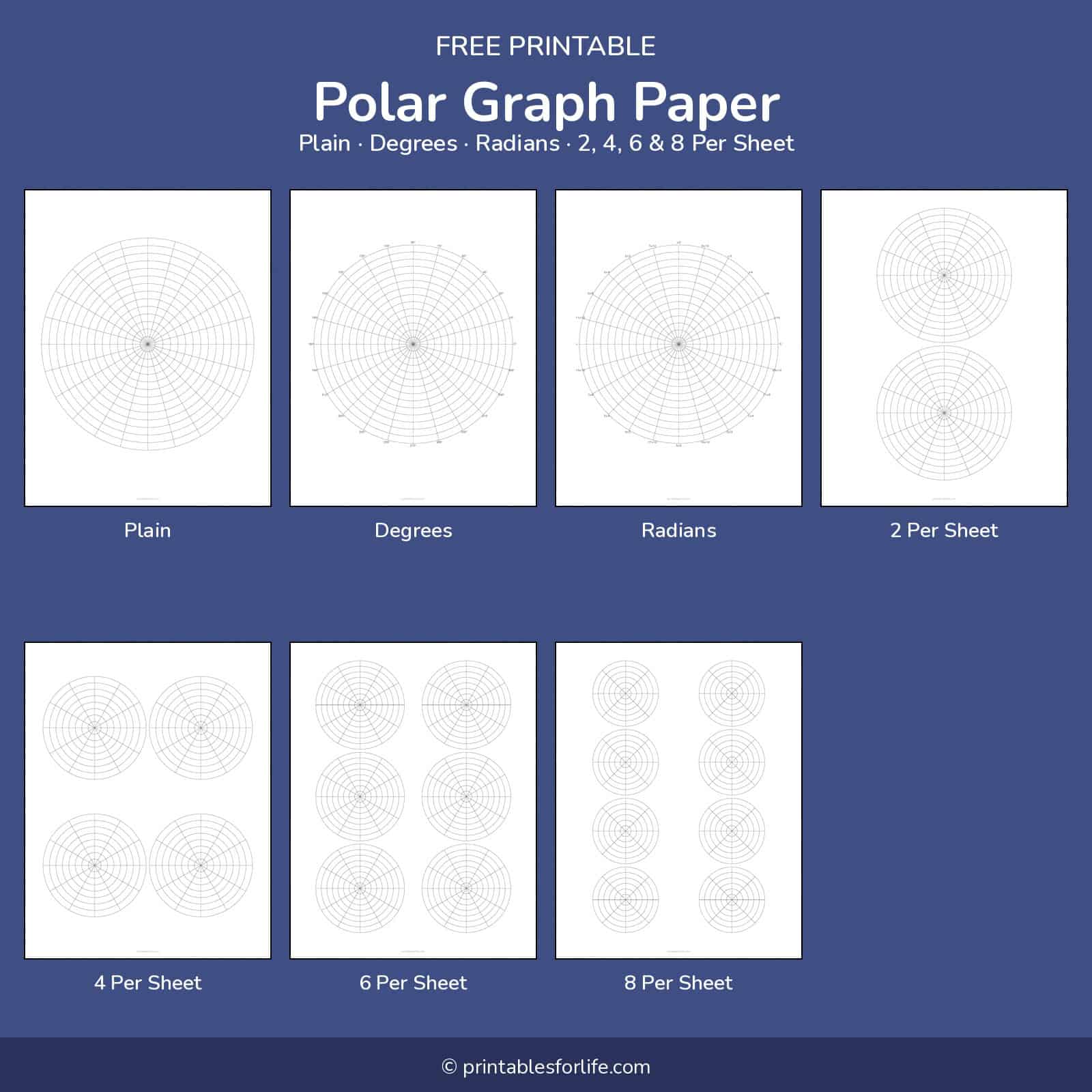 Free printable polar graph paper — plain, degrees, and radians, plus 2, 4, 6, and 8 per sheet layouts