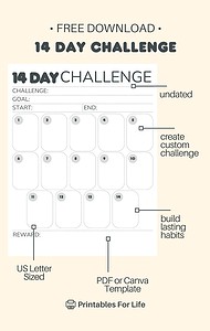 14 Day Challenge Calendar Free Printable PDF and Canva Template