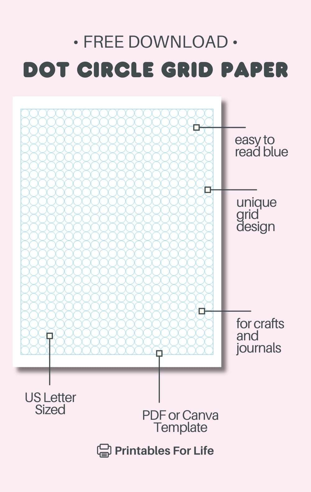 free download dot circle grid paper A labeled diagram of circle dot grid paper on a soft pink background, highlighting its features.