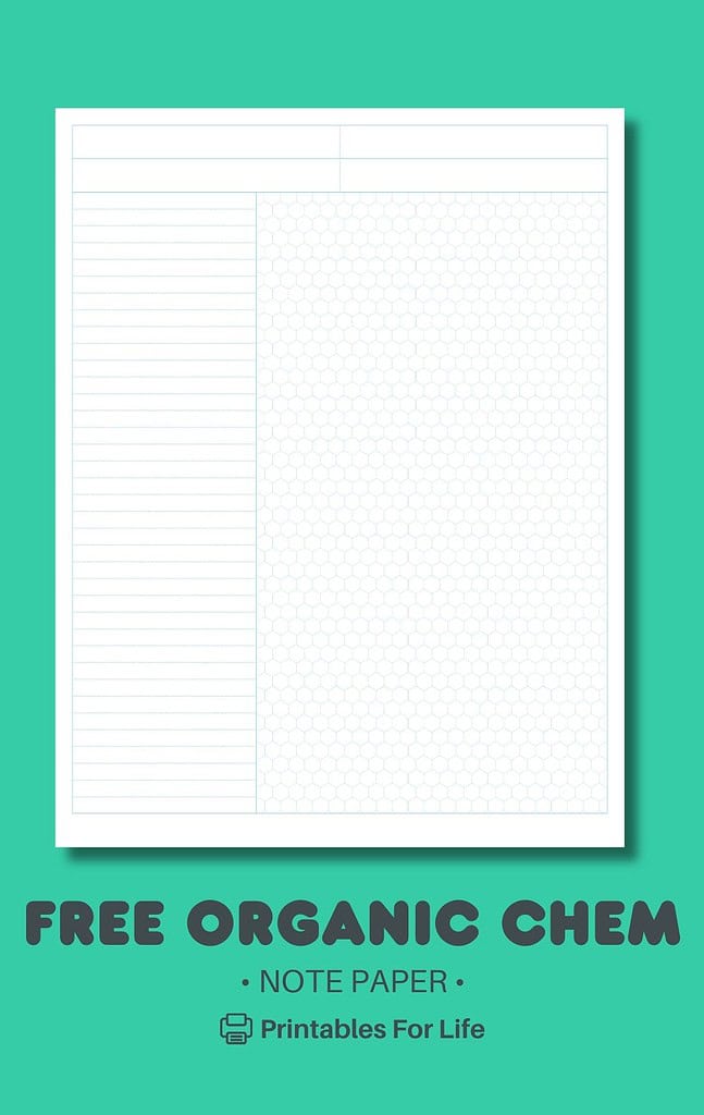 Organic chemistry notebook page displayed on a solid background, featuring lined and hexagonal grid sections.