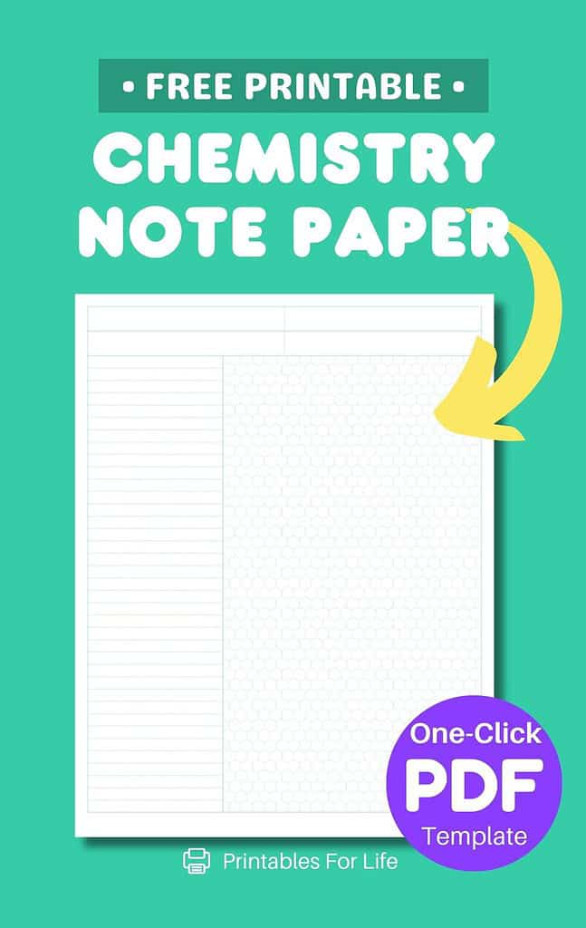Digital preview of organic chemistry notebook paper with lined and hexagonal grid sections.