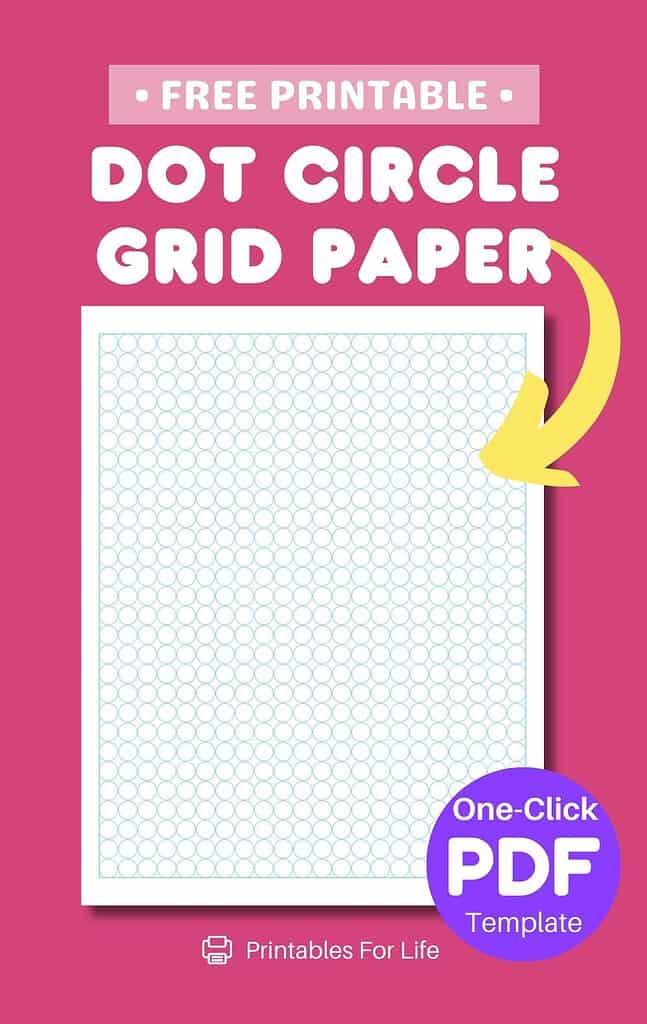 A perspective view of circle dot grid paper with a “One-Click PDF Template” label.