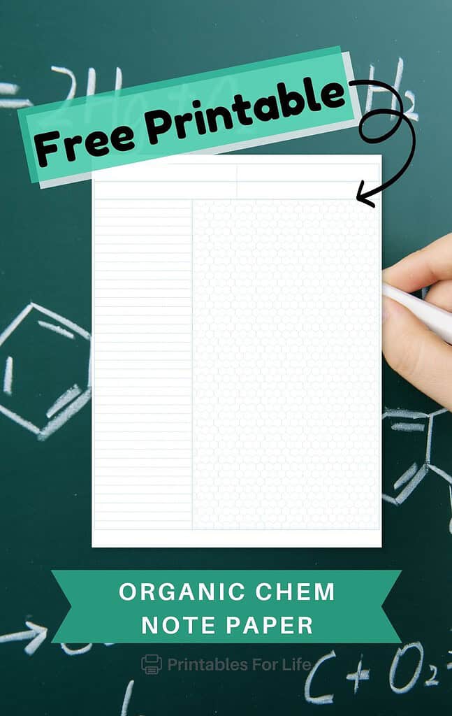 Organic chemistry notebook page overlaying a chalkboard with chemical formulas, showing lined and hexagonal grid sections.