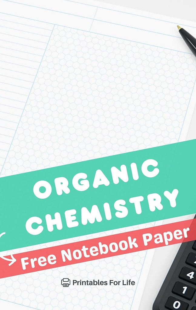 Close-up of an organic chemistry notebook page with a lined section and hexagonal grid for diagrams.